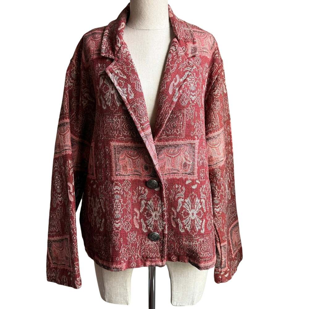 Chico’s Design Tapestry Blazer Red Boxy Jacket Boho Size Large American Vintage